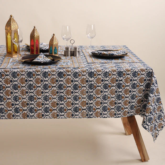 Traditional Blue Block Print Pure Cotton Table Cover Cloth